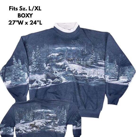 Vintage Art Unlimited Winter Cabin All Over Print Mock Neck Sweatshirt XL - Picture 1 of 13
